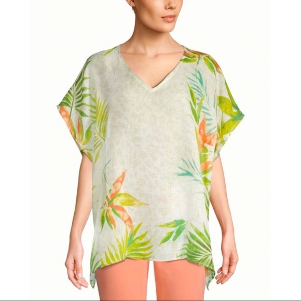 Chico's 100% Linen Palm Tree Printed Poncho Top Tunic Keyhole Back Size L/XL